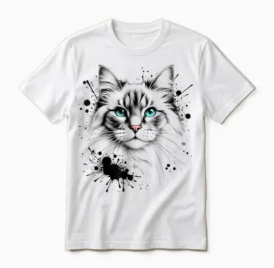 Artistic Cat with Turquoise Eyes and Paint Splash Unisex T-Shirt - White