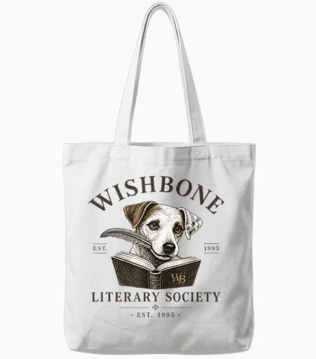 Wishbone Literary Society Vintage Book Lover Dog Design Tote Bags in White
