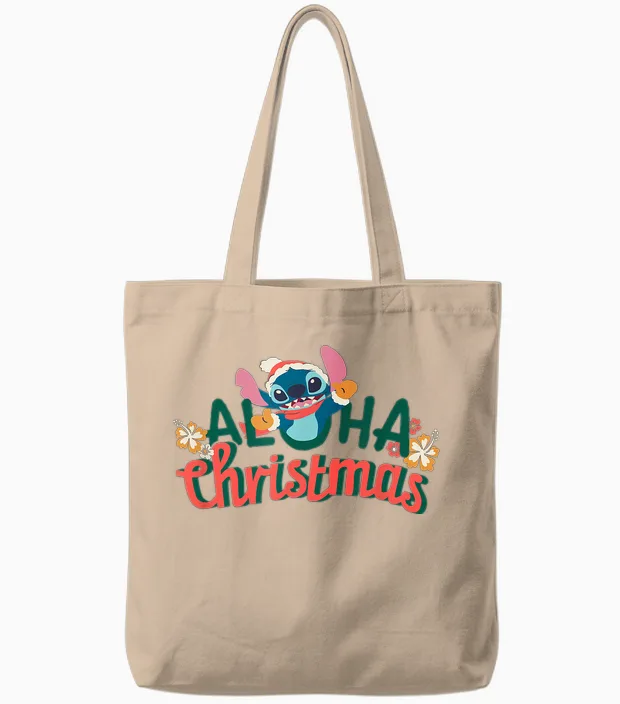 Amazon Essentials Men's Stitch Smiling Aloha Christmas T-Shirt, Black Graphic Print, Small Tote Bags in Natural