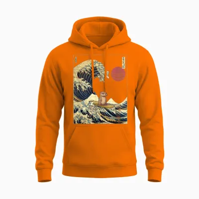 Kanagawa Otter Wave Funny Surf Animal T-Shirt, Black, S Unisex Hoodie - Safety Orange