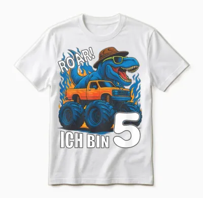 Kinder Dino Ich Bin 5 Dinosaurier Kindergeburtstag Monstertruck Unisex T-Shirt - White