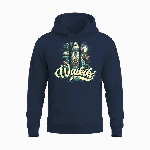 Waikiki Beach Polynesian Surf Hawaii T-Shirt, Black, S Unisex Hoodie - Navy