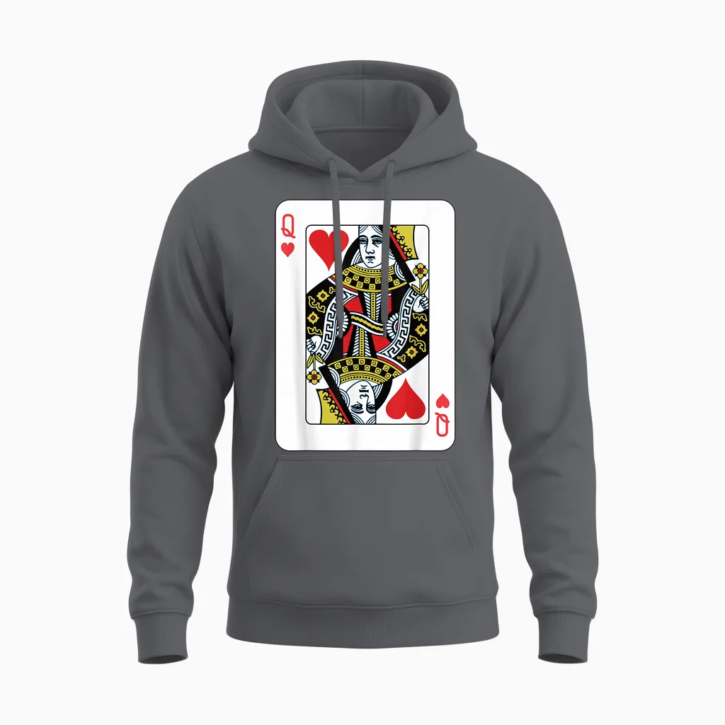 Queen of the Hearts Playing Card Poker Unisex Hoodie in Charcoal