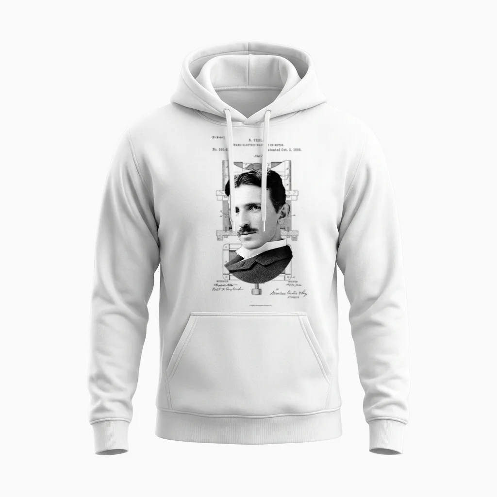 Miss Whimsy Nikola Tesla Photo Patent T-Shirt T-Shirt, Unisex-Erwachsene, Grey, S Unisex Hoodie in White