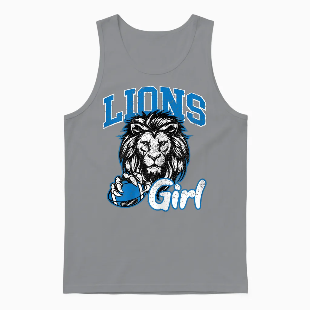 Lions Girl Shirt Messy Bun Funny Sports Fan Team Unisex Tank Top in Sport Grey