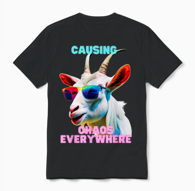 Causing Chaos Everywhere, Exciting, Funny Crazy Goat Unisex T-Shirt in Black