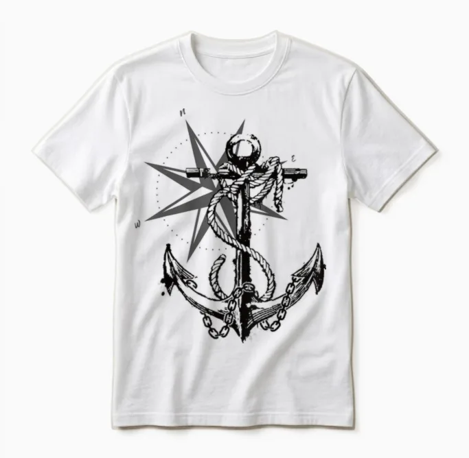 Anker Kompass Design Maritim Nautisch Retro Unisex T-Shirt in White