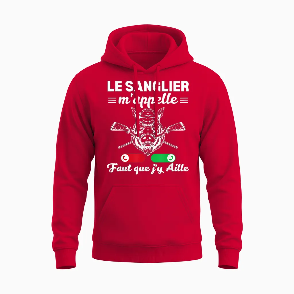 The Boar Calls Me Faut Que J'y Aille Hunter Boar Unisex Hoodie in Red