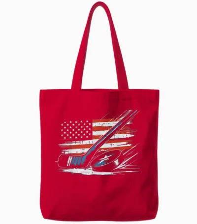 4th of July Ice Hockey Stick Puck Us Flag Men Boys Tote Bags - Red