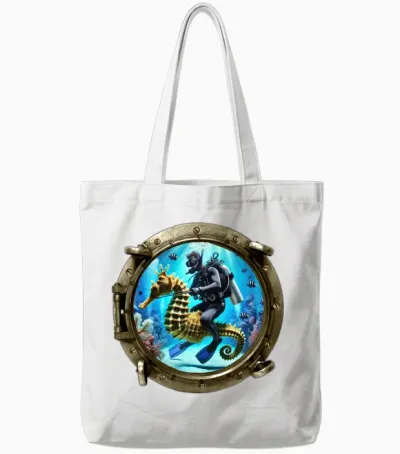 Porthole View of Scuba Diver Riding a Seahorse Urm Tote Bags - White
