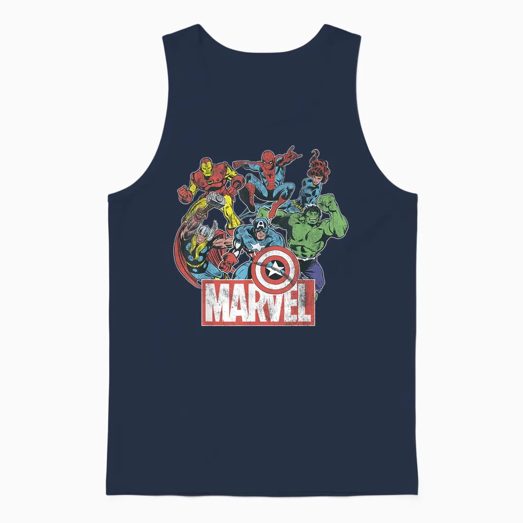Marvel Avengers Team Retro Comic Vintage Graphic T-Shirt Small Unisex Tank Top in Navy