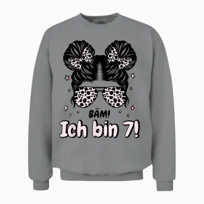 Kids 7th Birthday Girl Messy Bun Bäm! I Am Seven Unisex Sweatshirt - Sport Grey