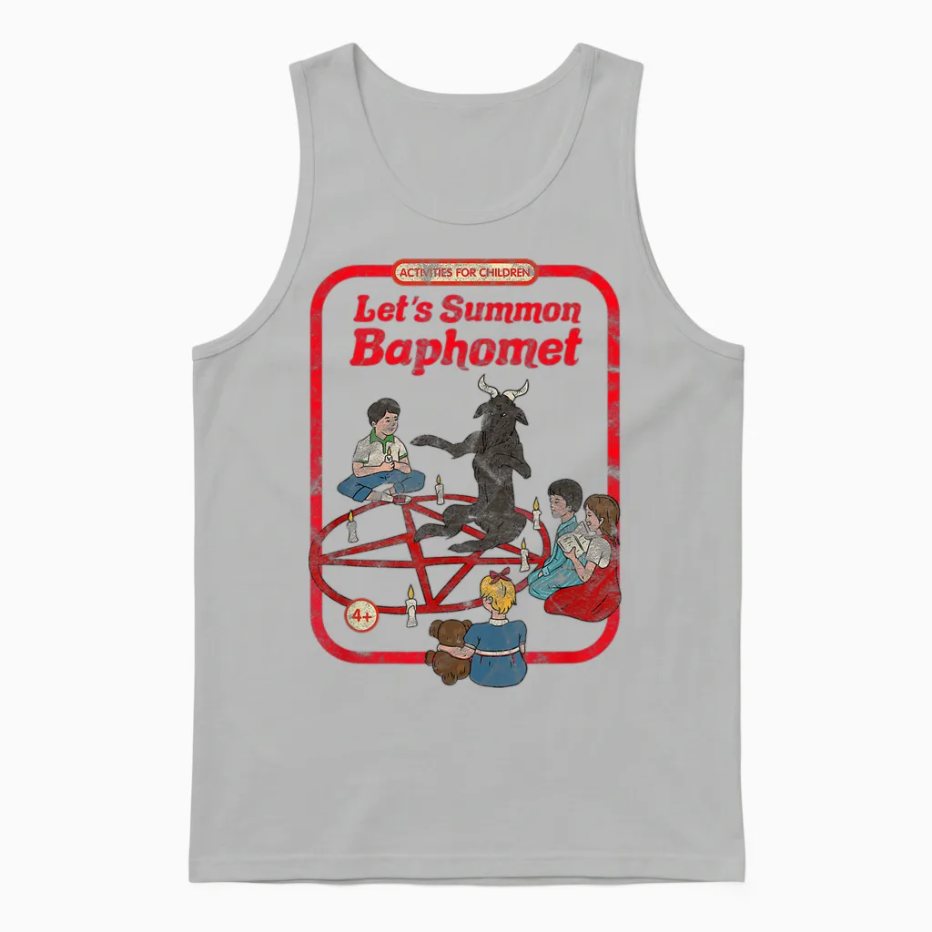 Let's Summon Baphomet Vintage Childgame Horror Goth Punk T-Shirt, Black Unisex Tank Top in Ash