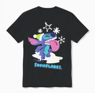 Amazon Essentials Stitch Wintertime Catching Snowflakes Unisex T-Shirt - Black