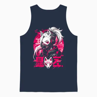 Anime Manga Cyberpunk Aesthetic Techwear Harajuku Kitsune T-Shirt, Black Unisex Tank Top - Navy