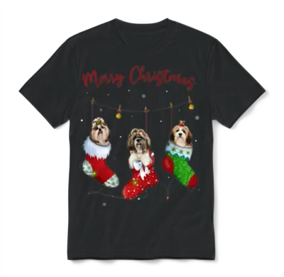 Funny Santa Shih Tzu Christmas Stocking Night Unisex T-Shirt - Black