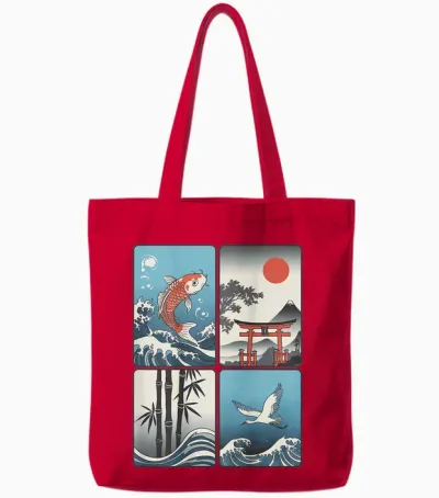 Japanischer Koi-Fisch, Die Große Welle Vor Kanagawa Kanji (rückseite) Tote Bags - Red