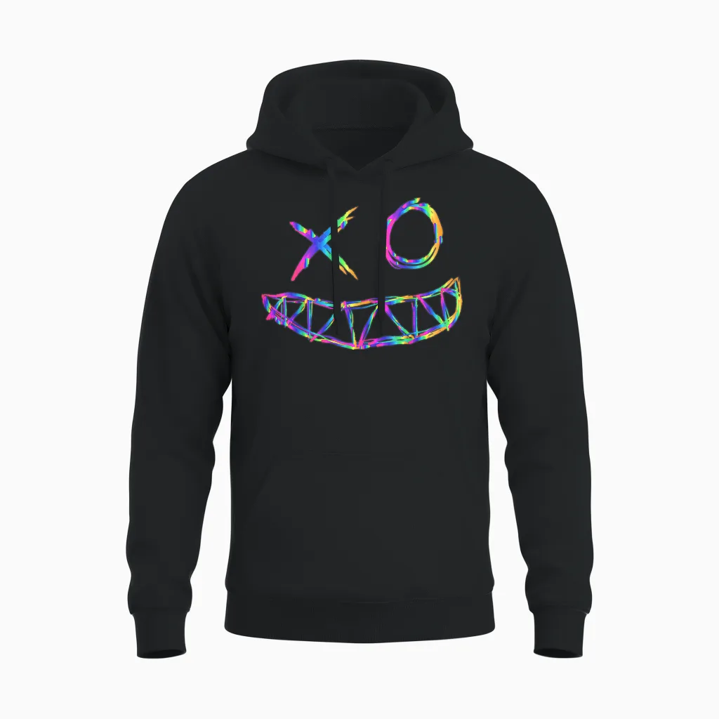 Rainbow Rave Face T-Shirt, Black Unisex Hoodie in Black