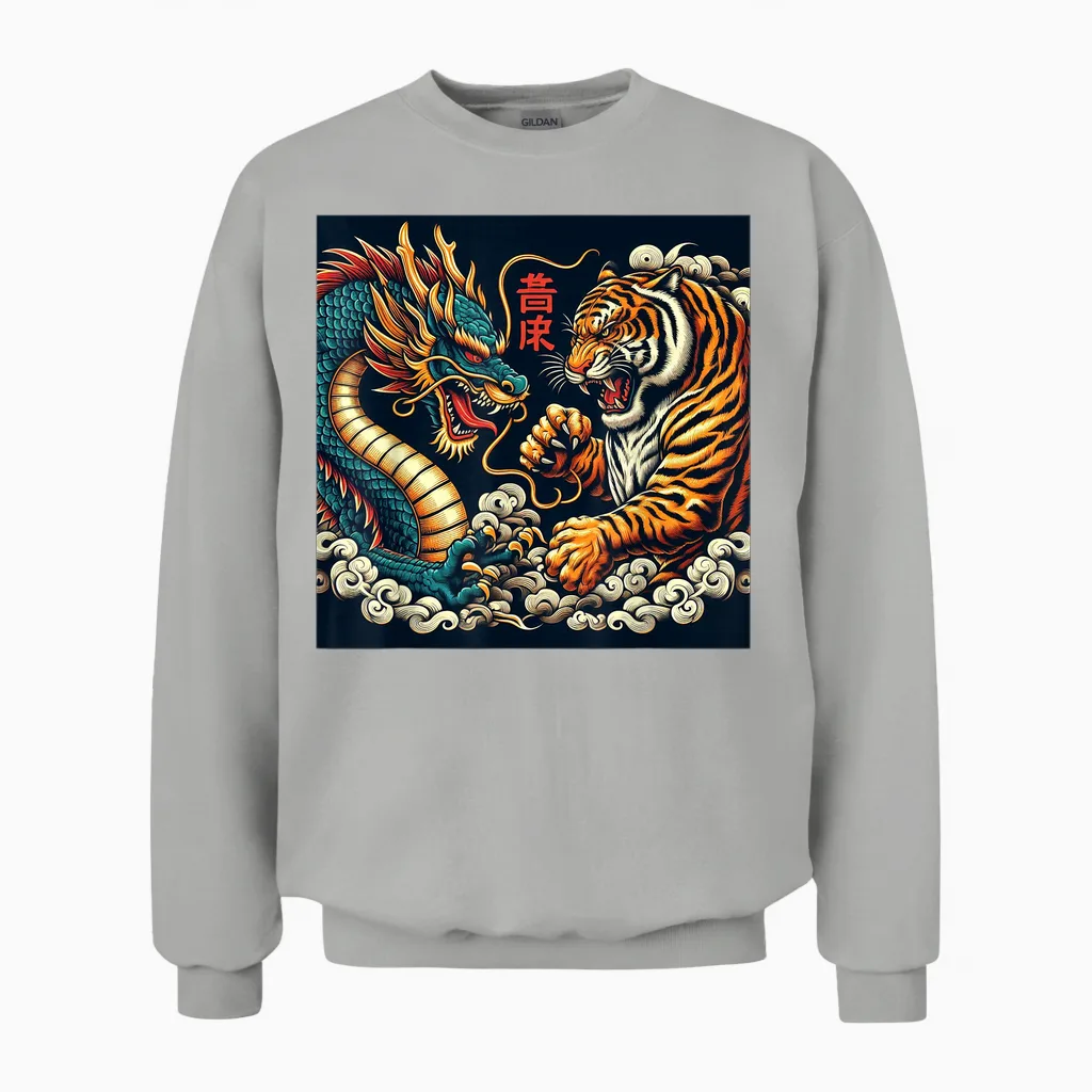 Japanese Dragon Vintage Fight Tiger Giant Asian Folklore T-Shirt, Black, S Unisex Sweatshirt in Ash