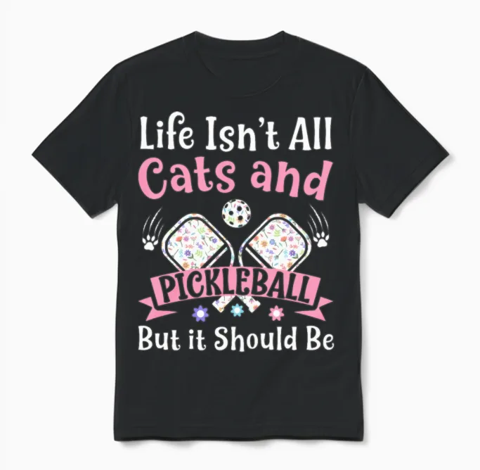 Womens Cats and Pickleball Funny Pickleball Player Unisex T-Shirt in Black