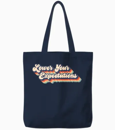 Lower Your Expectations Retro Badge Tote Bags - Navy