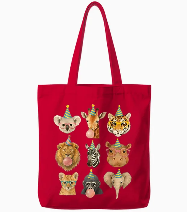 Cute Party Animals Birthday Wildlife Zoo Birthday Boys Tote Bags in Red