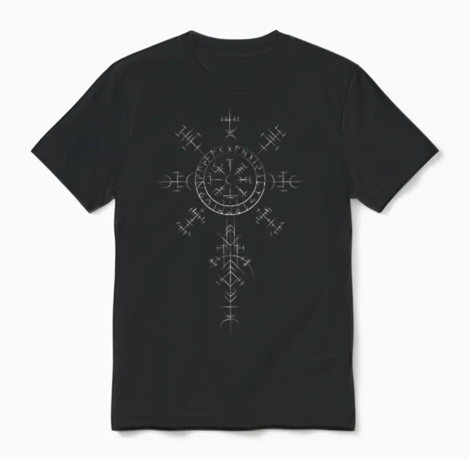 Retro Viking Symbol Compass Vegvisir Nordic Rune Celtic Unisex T-Shirt in Black