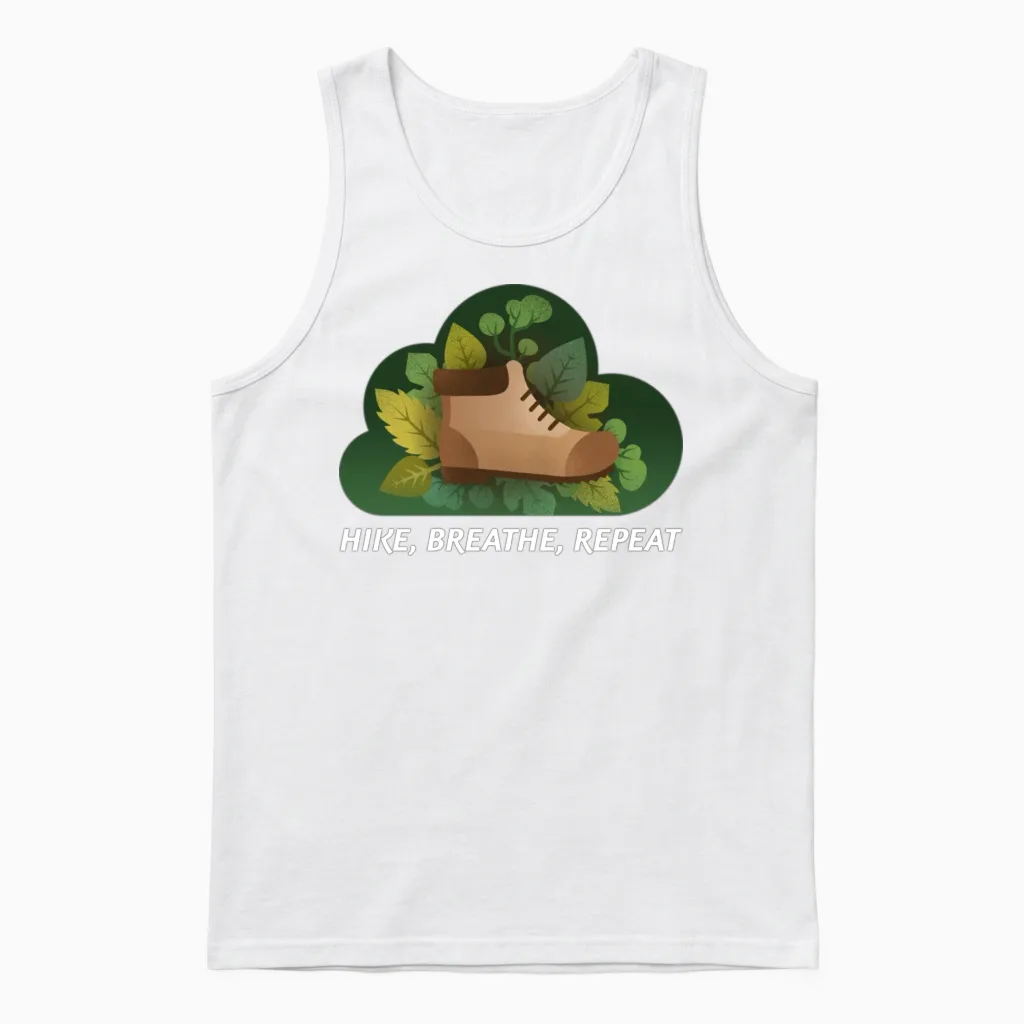 Hike, Breathe, Repeat Hiking Unisex Tank Top in White