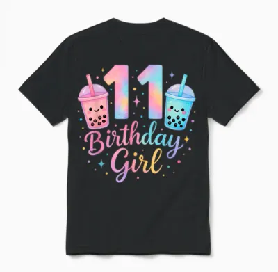 Bubble Boba Tea Sweet 11 Years Old 11th Birthday Girls Unisex T-Shirt - Black