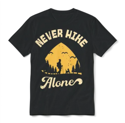 Never Hike Alone Mountain Dog Hiking Hiker Design Unisex T-Shirt - Black