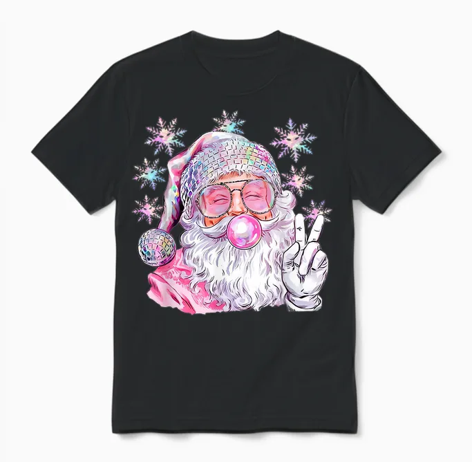 Vintage Retro Santa Christmas Pink Sunglasses Bubble Gum Unisex T-Shirt in Black