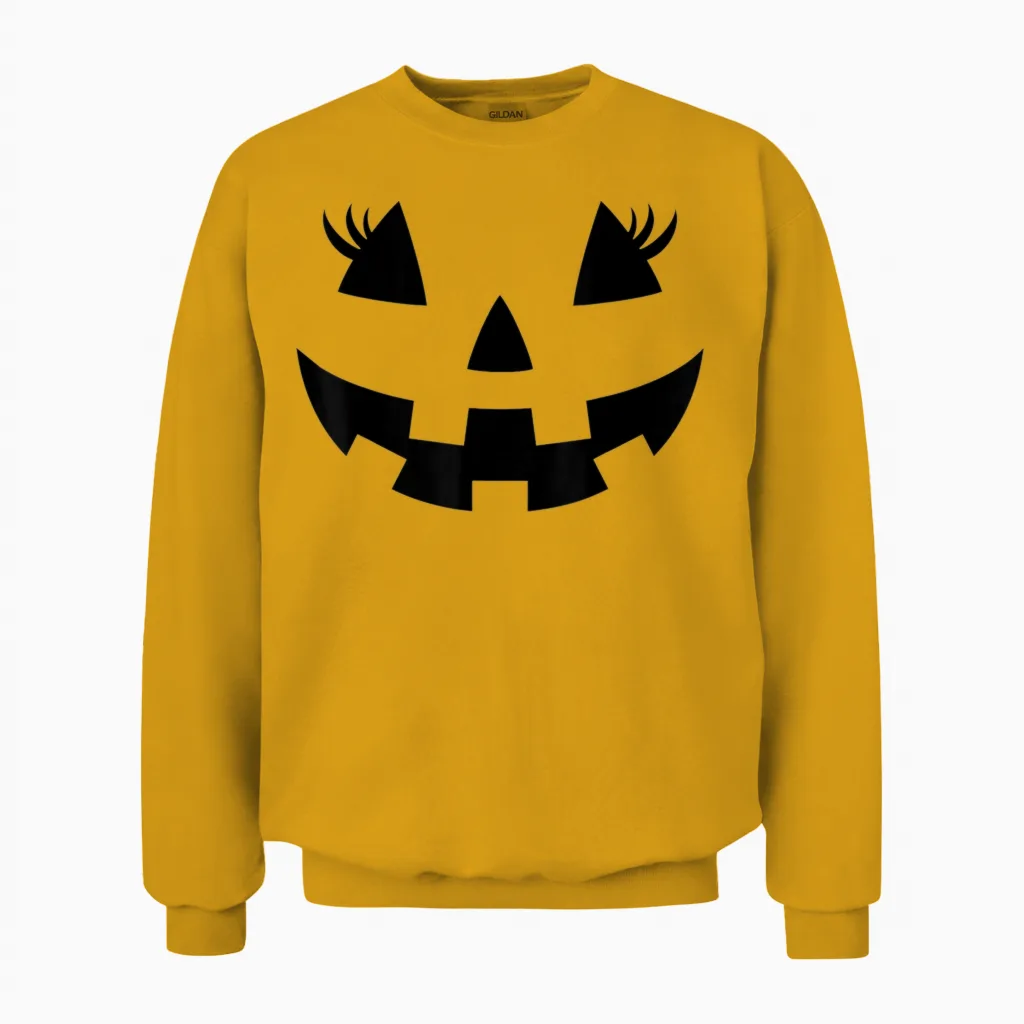 Jack O Lantern Face Pumpkin Eyelashes Hallowen Costume Funny Unisex Sweatshirt in Gold