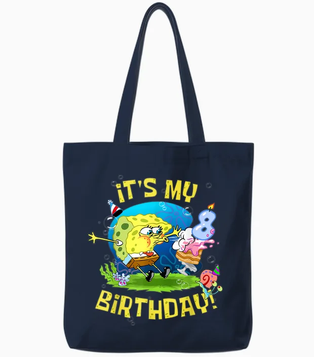 Spongebob It's My 8th Birthday Cake Eight Years Spongebob Tote Bags in Navy