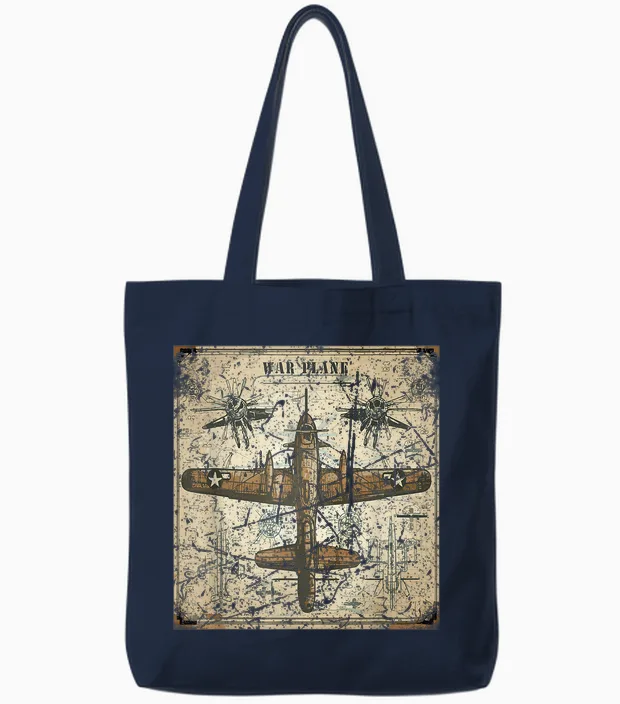 Retro War Plane Ww2 Shirt Blueprint World War 2 Tote Bags in Navy