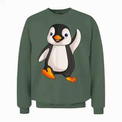 Süße Pinguin Liebhaber Geschenke Damen Kinder Unisex Penguin T-Shirt Grau Small Cartoon Pinguin Design Klassisch Cartoon Pinguin Pull-On Reguläre Passform Kurzarm Weihnachten Geburtstag Unisex Sweatshirt - Military Green