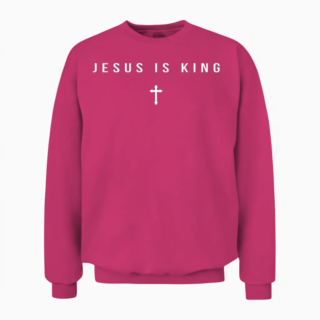 Jesus Is King Cross Christian Minimalist Religious Christ Pullover Unisex Sweatshirt in Heliconia