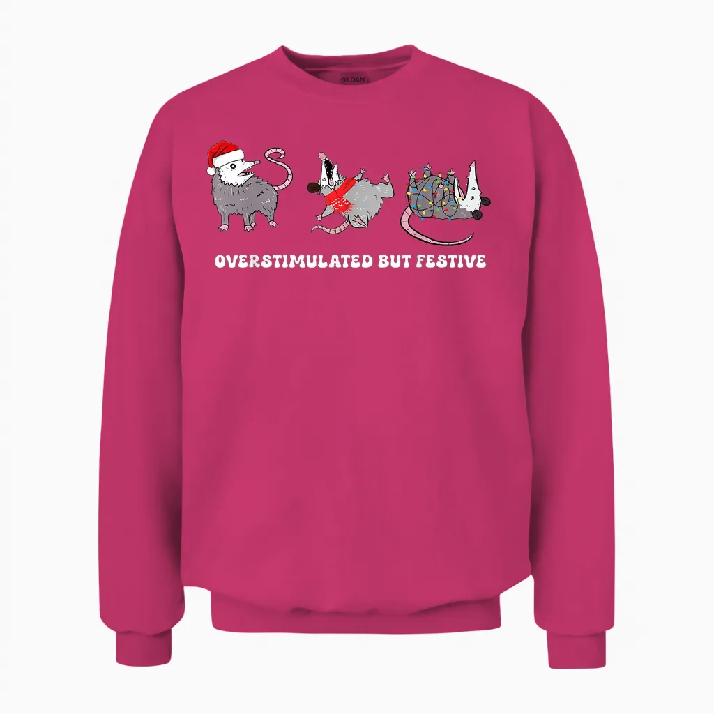 Funny Santa Opossums Overstimulated but Festive Xmas Lights Unisex Sweatshirt in Heliconia