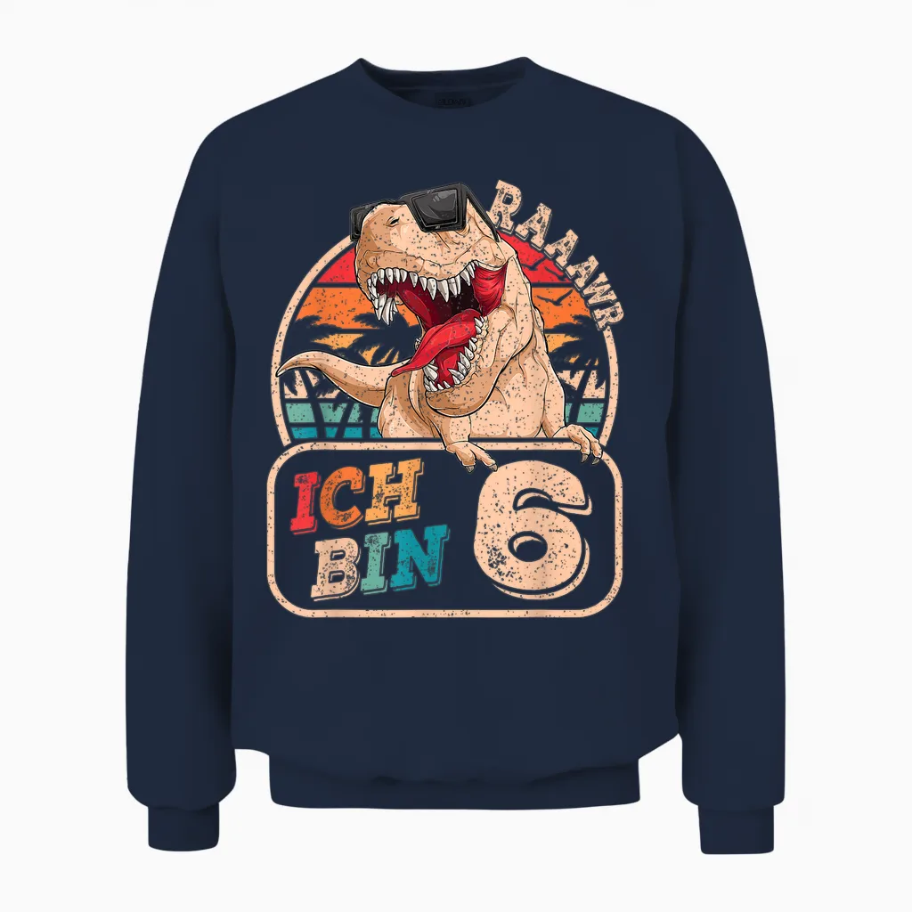 Ich Bin 6 Dinosaurs 6 Years Dino 6th Birthday Boy Party T-Shirt, Black Unisex Sweatshirt in Navy