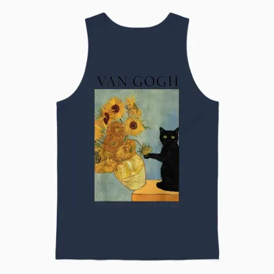 Van Gogh Black Cat with Sunflowers Funny Cat Unisex Tank Top - Navy