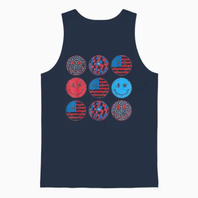 Happy 4th of July Groovy Smile Face Red White Blue Usa Flag T-Shirt for Women Kids Men Unisex Tank Top - Navy