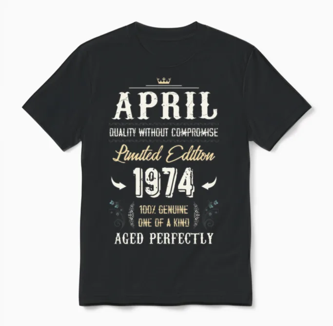 April 1974 Vintage Birthday Present Unisex T-Shirt in Black