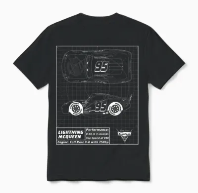 Cars Lightning Mcqueen Blueprint T-Shirt, Black Unisex T-Shirt - Black