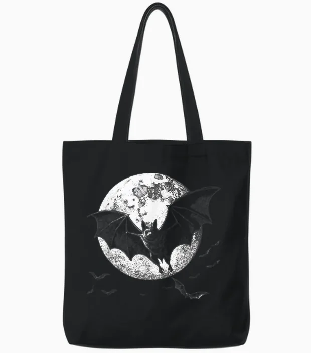 Gothic Bat Full Moon Halloween Horror Vampire Goth Girl T-Shirt, Black Tote Bags in Black