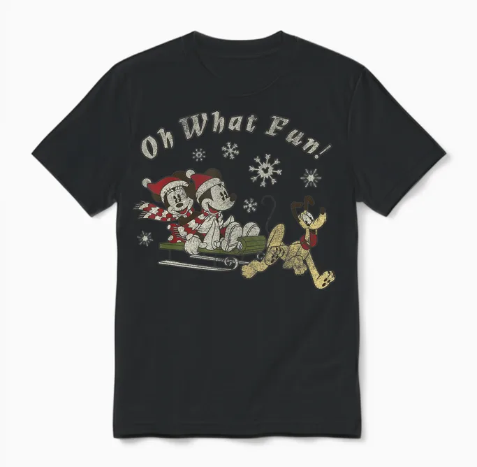 Disney Mickey Minnie and Pluto Oh What Fun Christmas Sled Unisex T-Shirt - Black
