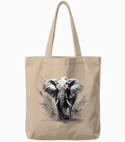 Elephant Drawing Motif Wildlife Splash Nature Animal Print T-Shirt, Black Tote Bags - Natural