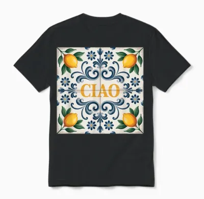 Ciao Lemon Italian Tile Mediterranean Lemons Unisex T-Shirt - Black