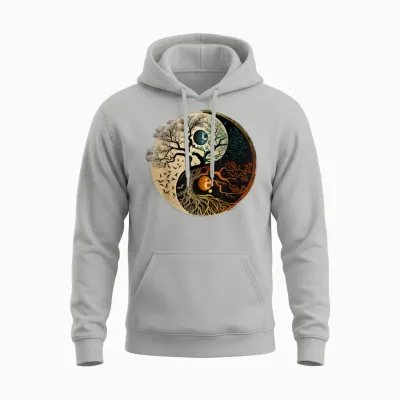 Spiritual Yin Yang Buddhist Tree of Life T-Shirt, Black Unisex Hoodie - Ash