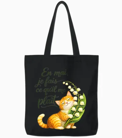 En Mai Je Fais Ce Qu'il Me Plait. Cadeau Femme Chat Muguet Tote Bags - Black