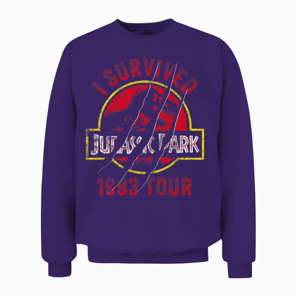 Jurassic Park Scratched Logo I Survived 1993 Tour Unisex Sweatshirt in Purple
