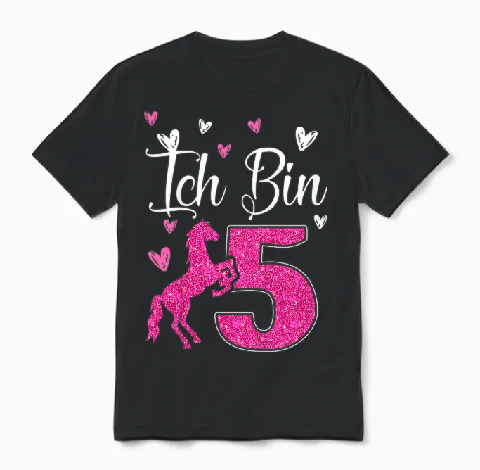 Kids 5th Birthday Horse Gift Horse Girl Cute 5 Years Old T-Shirt, Black Unisex T-Shirt in Black